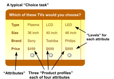 Terms and language used to describe a typical choice task for conjoint analysis
