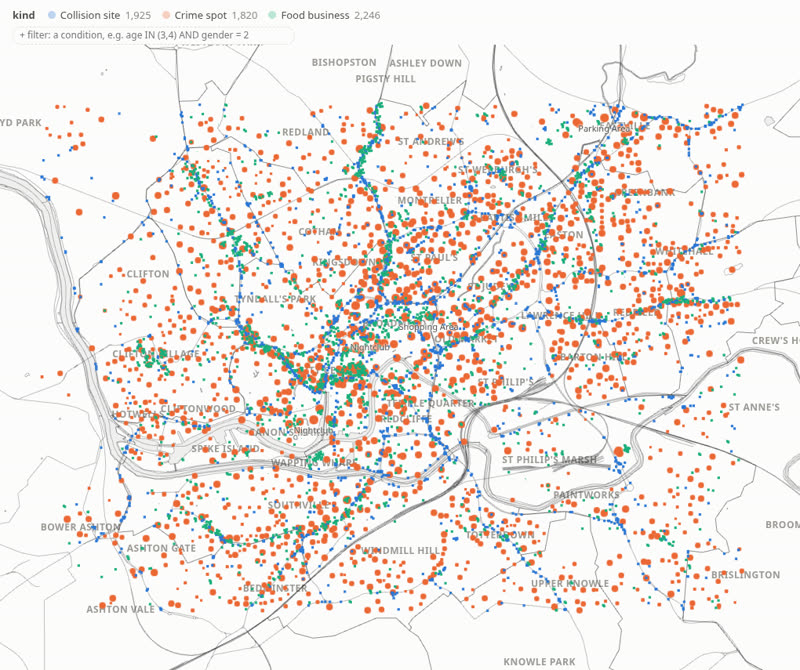 Central Bristol: every crime spot, road collision site and food business on one map